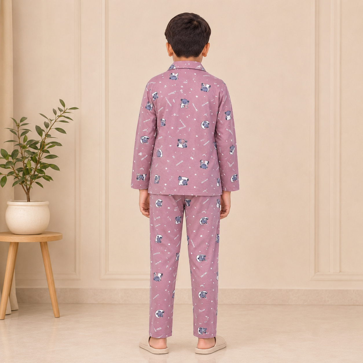 Boys cotton night suit in Purple Beige Dream Print, back view