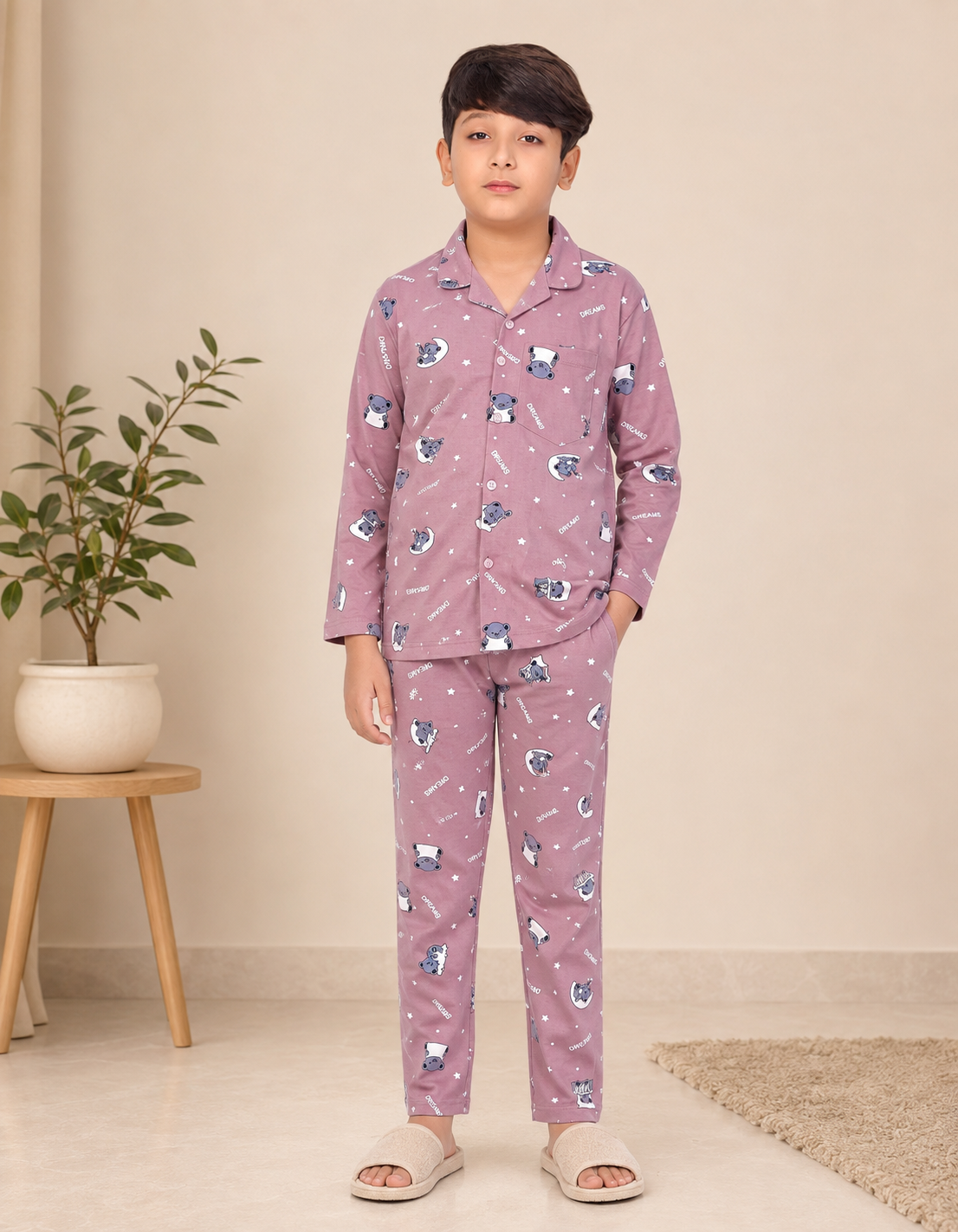 Boys cotton night suit in Purple Beige Dream Print, front view