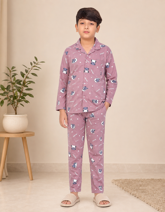 Boys cotton night suit in Purple Beige Dream Print, front view