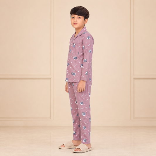 Boys cotton night suit in Purple Beige Dream Print, side view