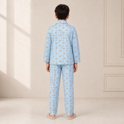 Boys cotton night suit in Sky Blue Bear Print, back view