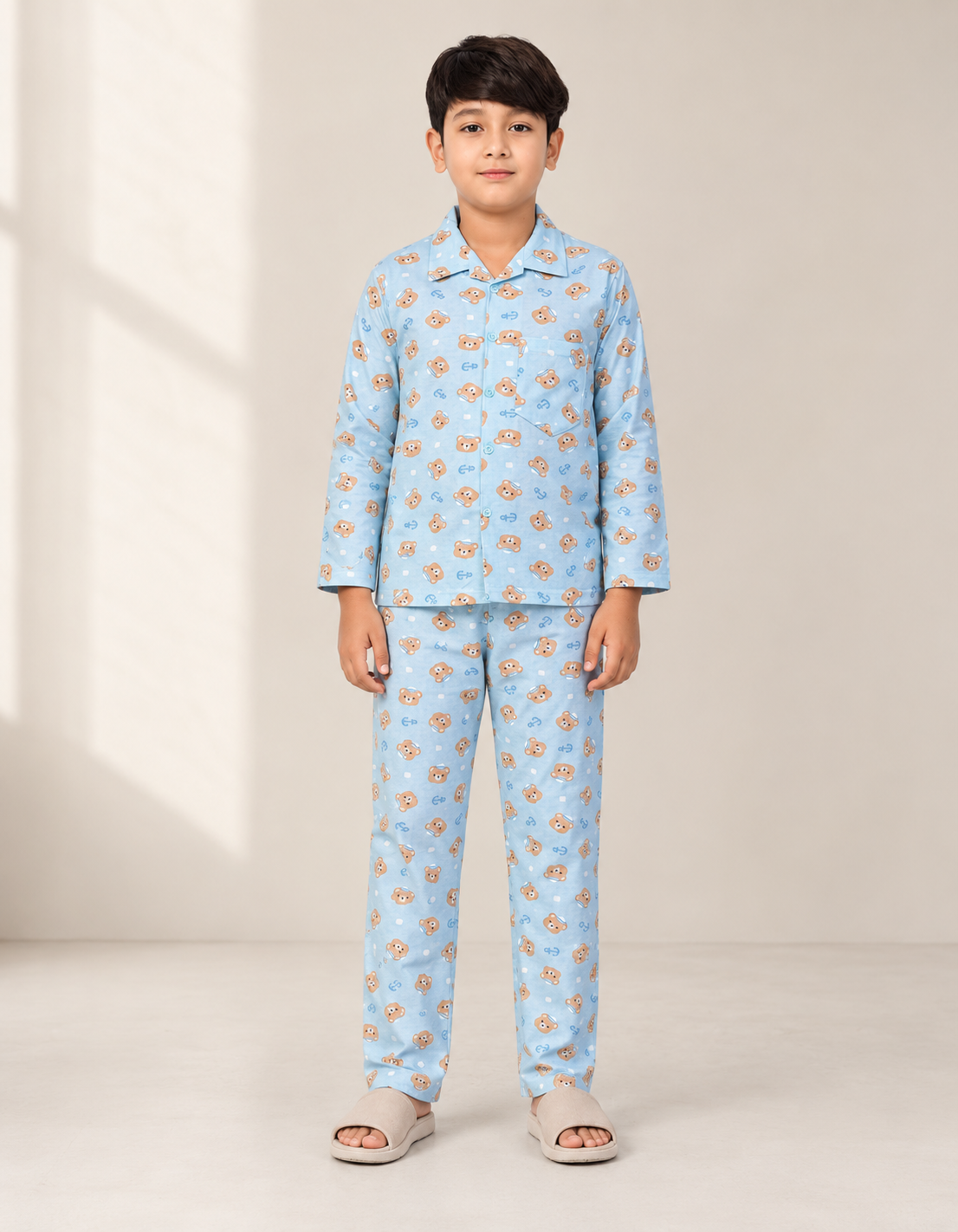 Boys cotton night suit in Sky Blue Bear Print, front view