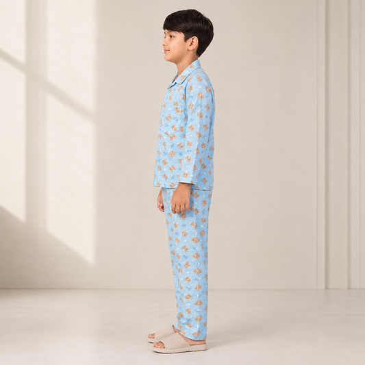 Boys cotton night suit in Sky Blue Bear Print, side view