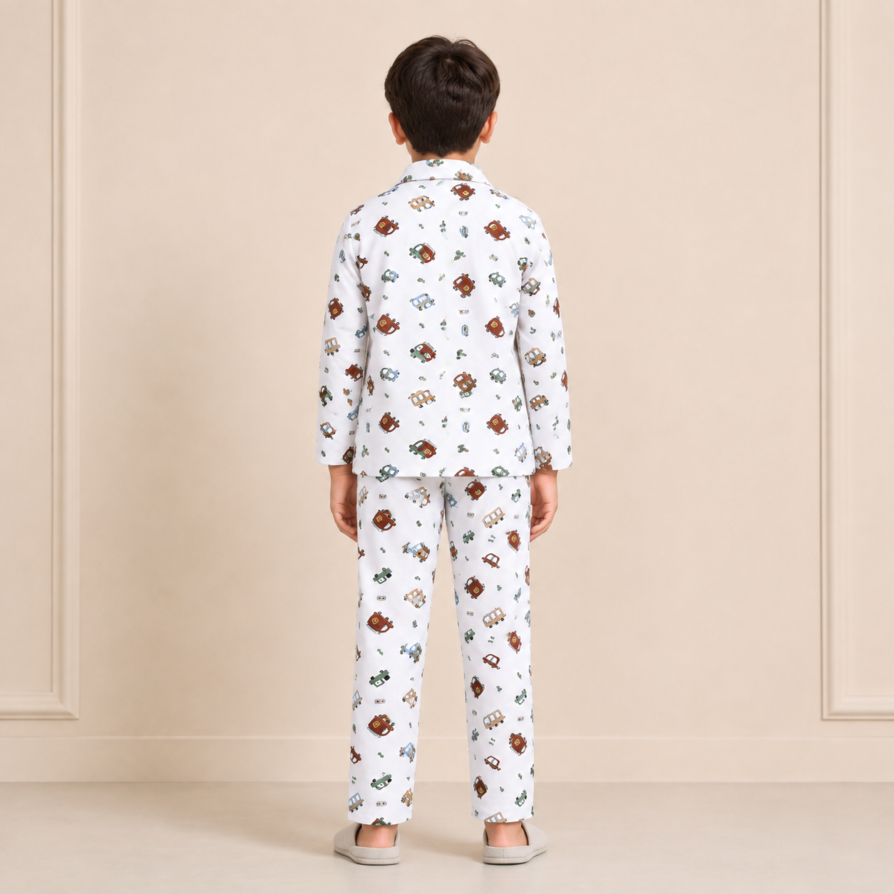 Boys cotton night suit in White Multicolour Transport Print, back view