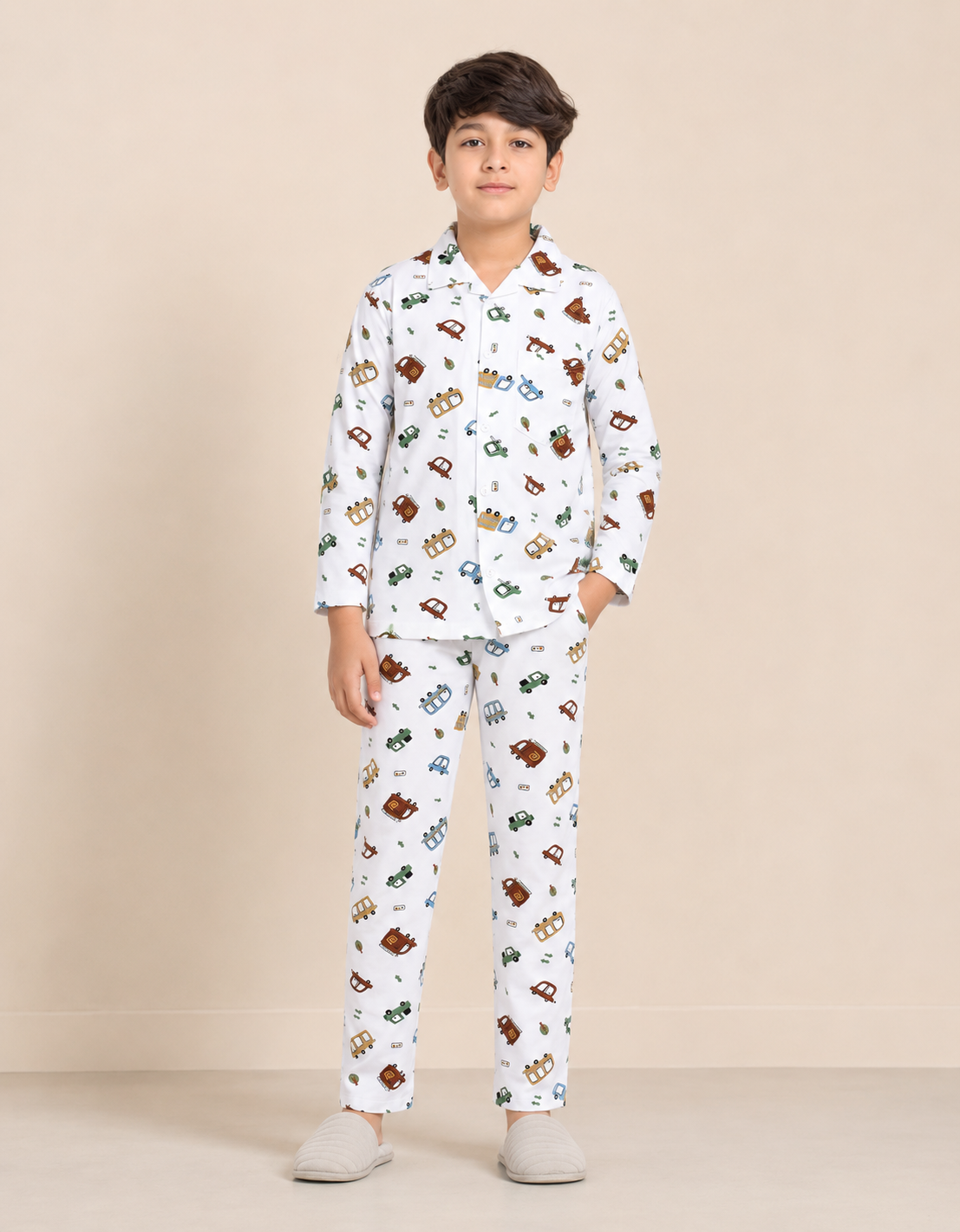 Boys cotton night suit in White Multicolour Transport Print, front view