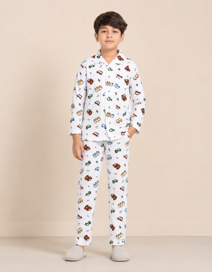 Boys cotton night suit in White Multicolour Transport Print, front view