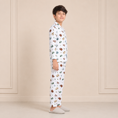 Boys cotton night suit in White Multicolour Transport Print, side view