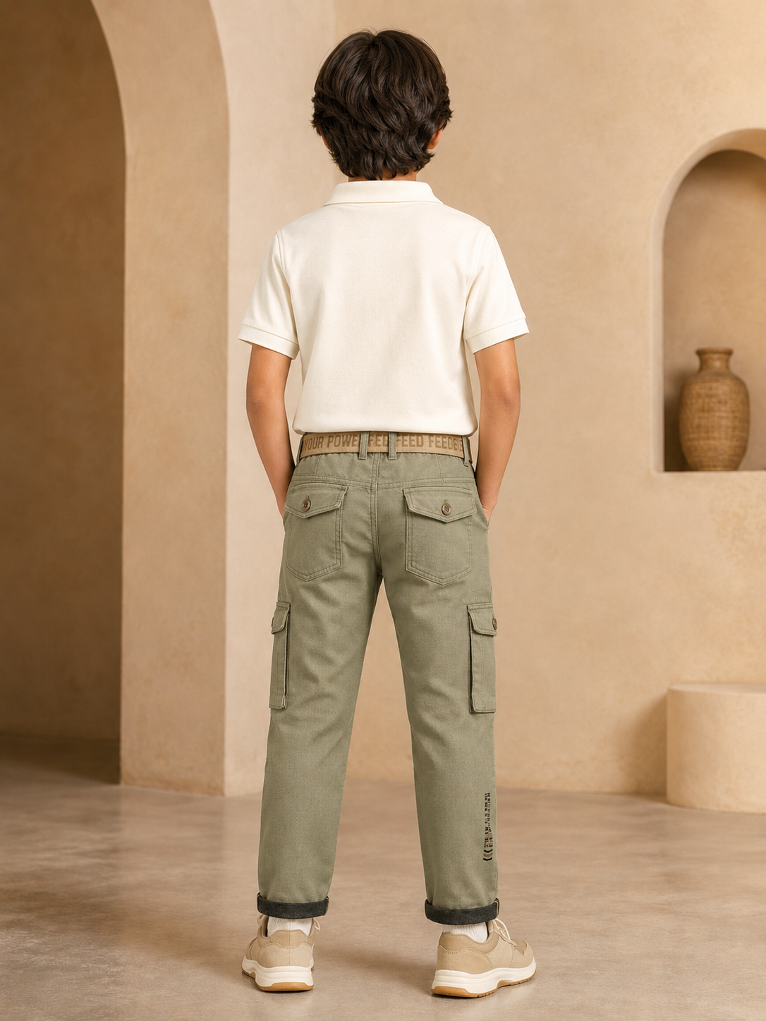 Boys olive green six-pocket trouser back model view