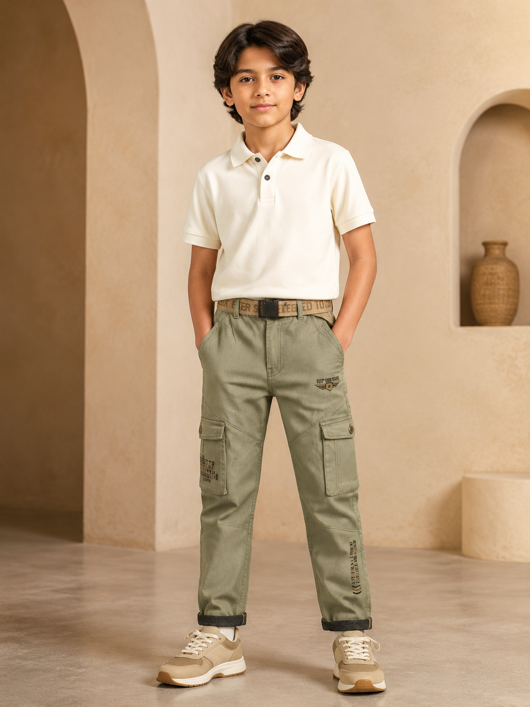Boys olive green six-pocket trouser front model view
