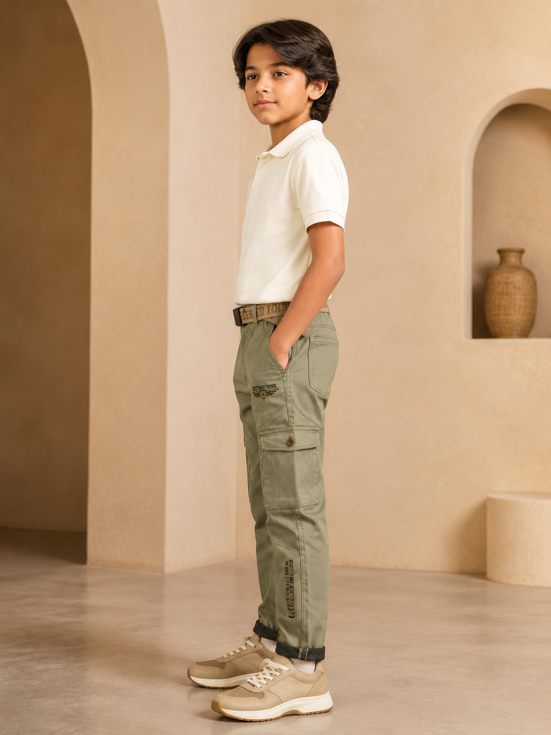 Boys olive green six-pocket trouser side model view
