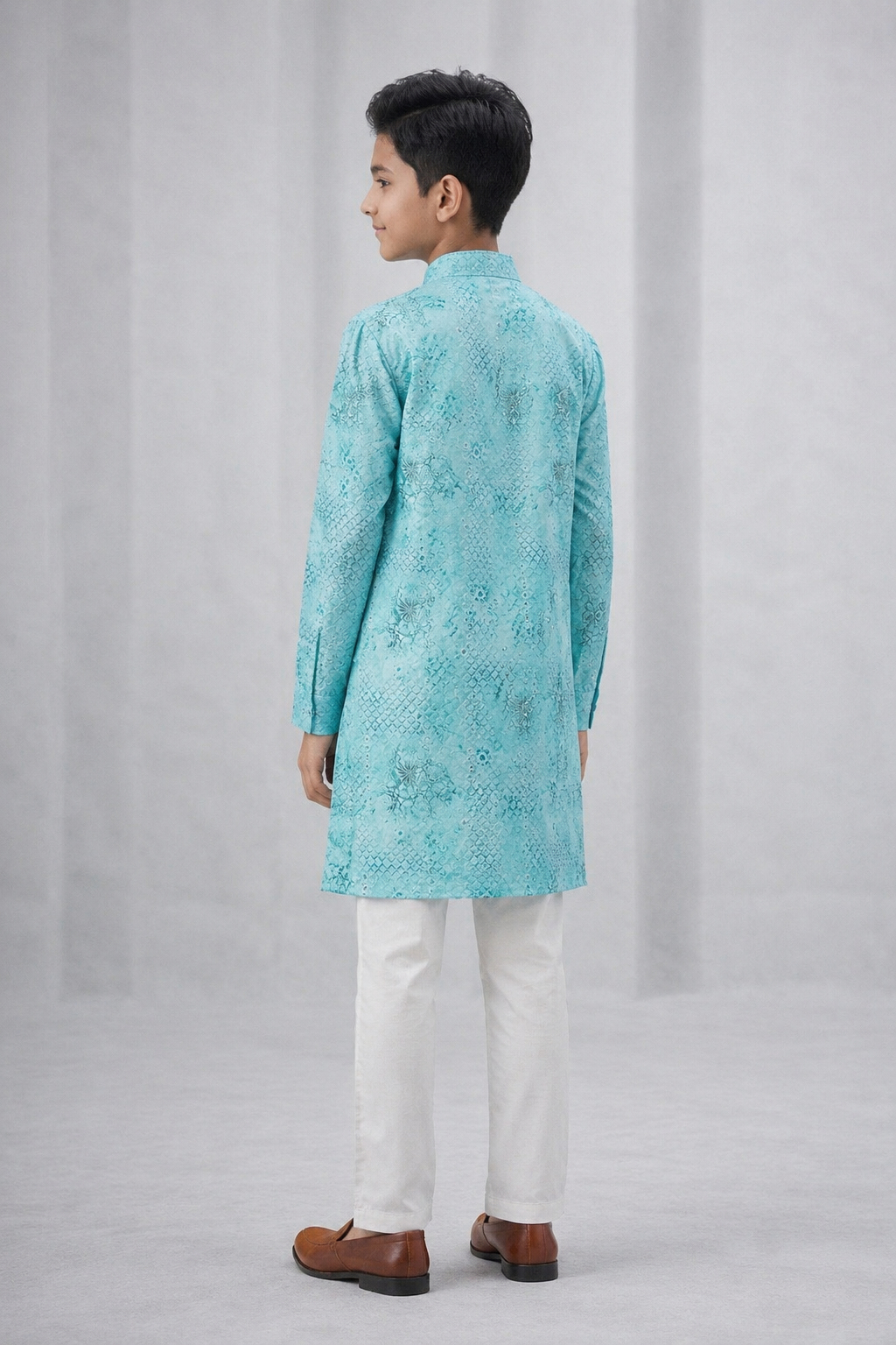 Boys pastel aqua blue woven kurta set rear view