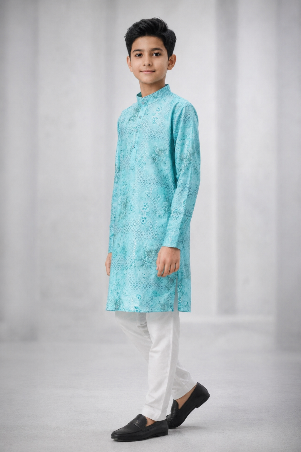 Boys pastel aqua blue woven kurta set three-quarter view