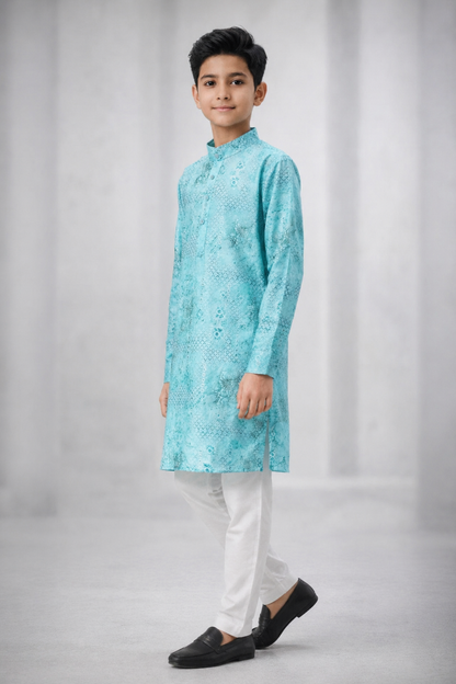 Boys pastel aqua blue woven kurta set three-quarter view