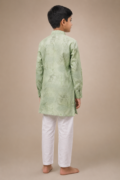 Boys pastel green woven kurta set rear view