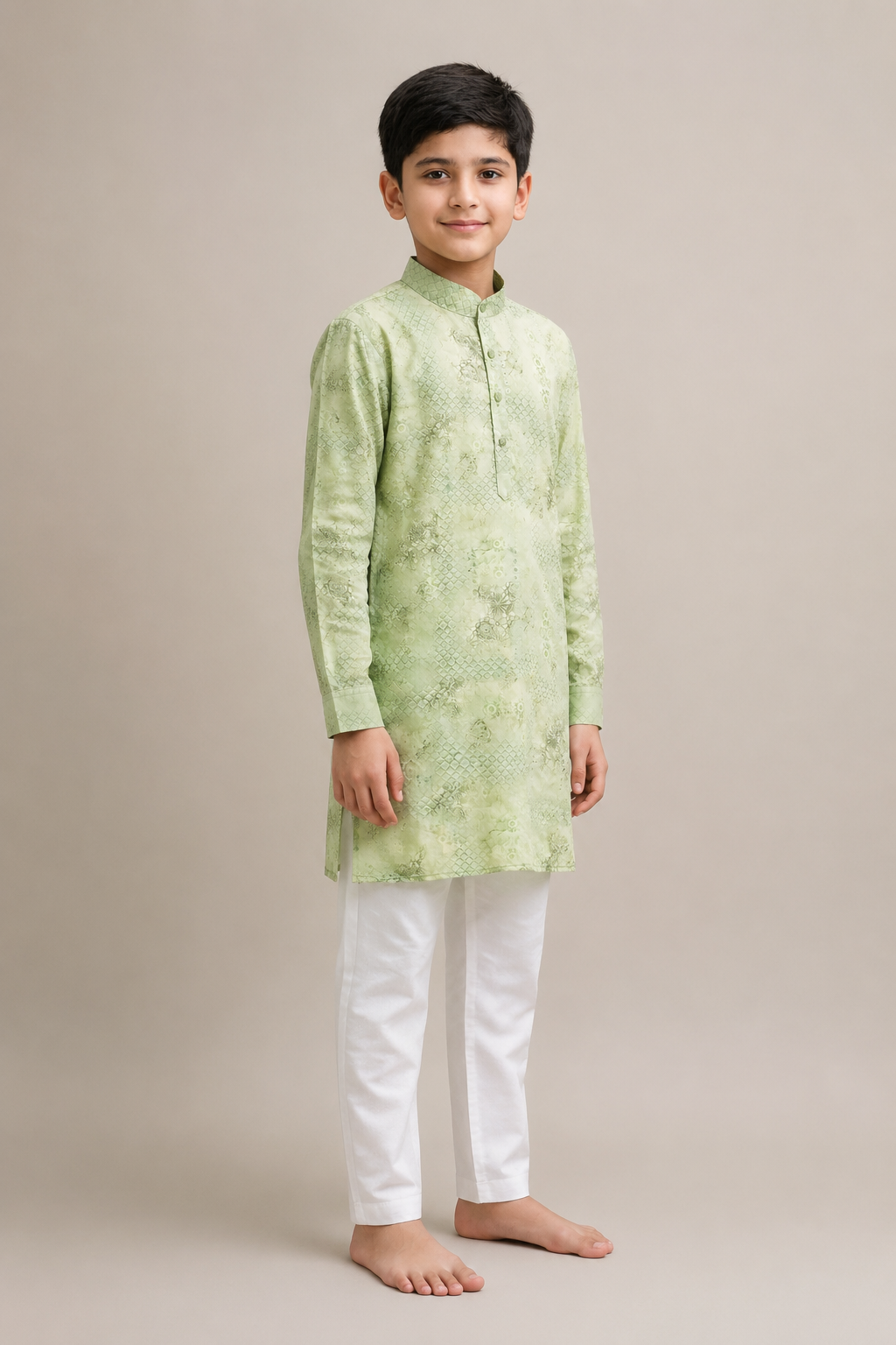 Boys pastel green woven kurta set three-quarter view