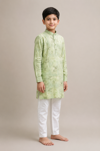 Boys pastel green woven kurta set three-quarter view