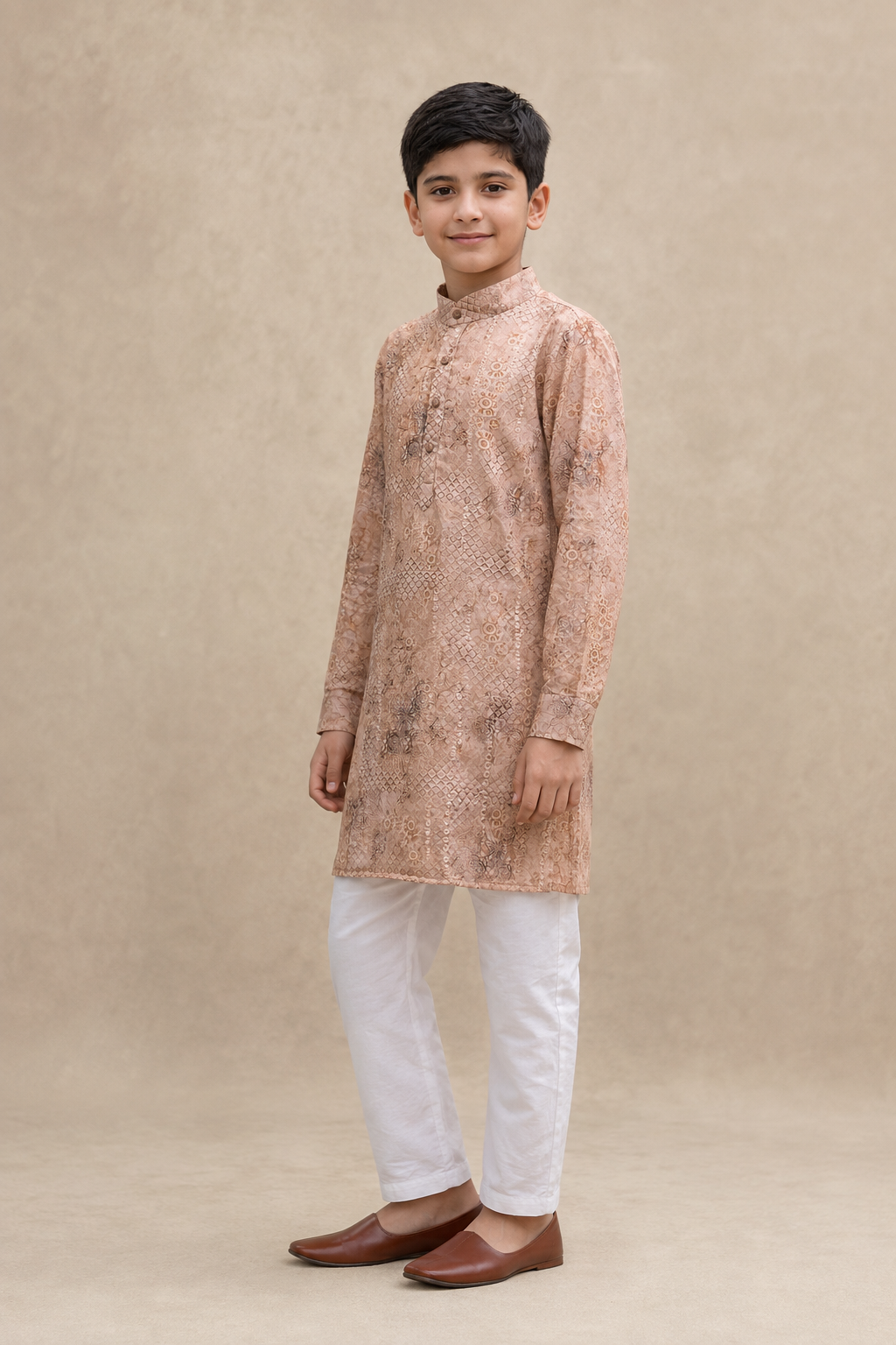 Boys pastel peach woven kurta set three-quarter view