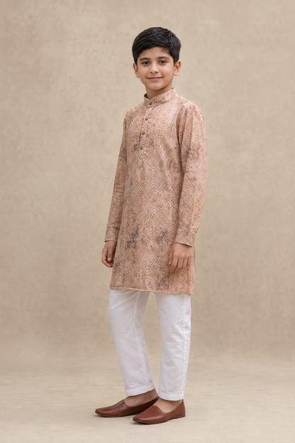 Boys pastel peach woven kurta set three-quarter view