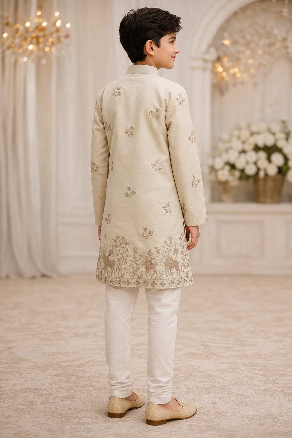 Boys soft pista ivory embroidered kurta set rear view