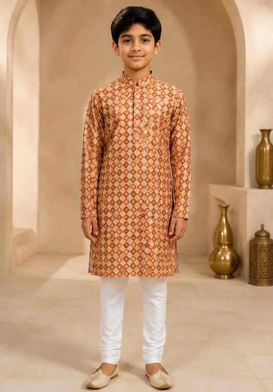 Boys Rust Gold printed kurta set front view