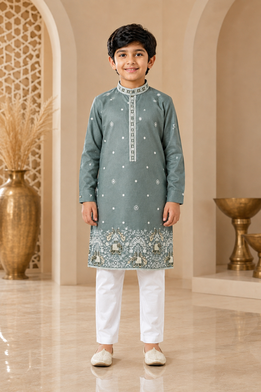 Boys sage green embroidered kurta set front view