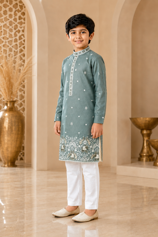 Boys sage green embroidered kurta set side view