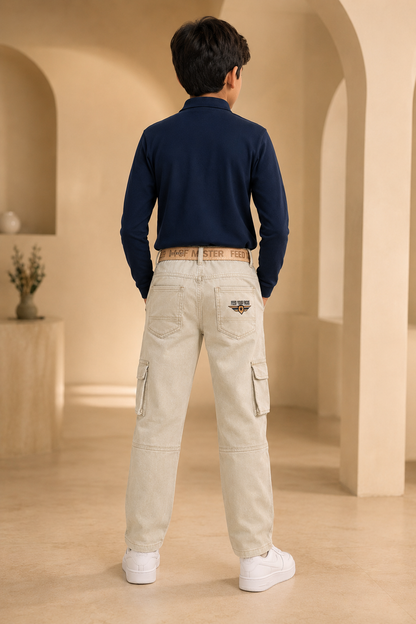 Boys beige grey six-pocket trouser back model view