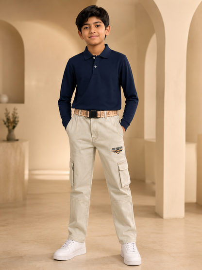 Boys beige grey six-pocket trouser front model view