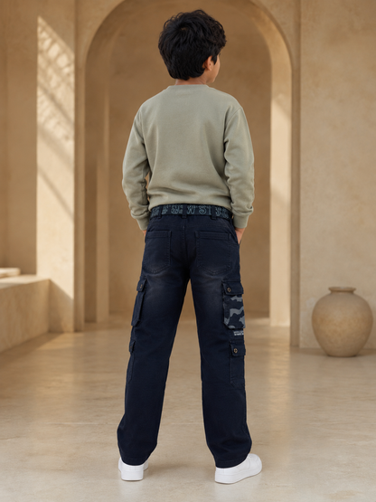 Boys black six-pocket trouser back model view