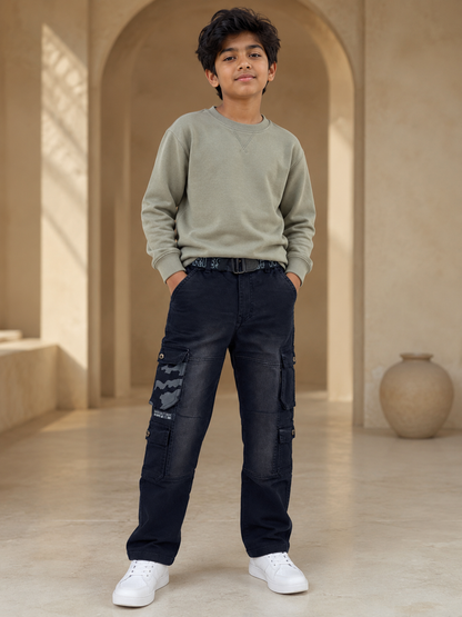 Boys black six-pocket trouser front model view