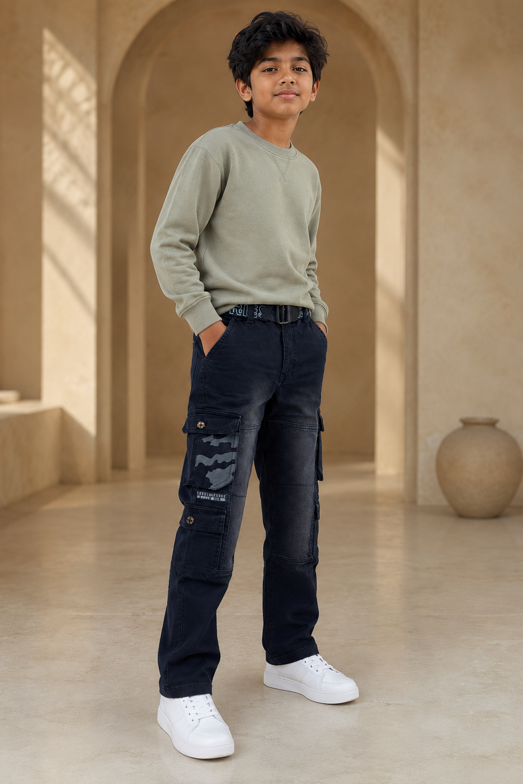Boys black six-pocket trouser side model view