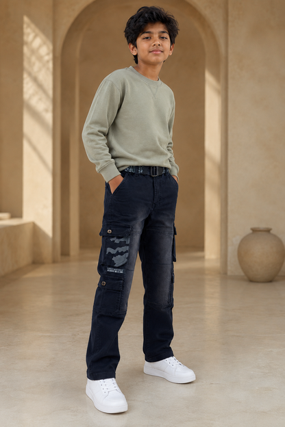 Boys black six-pocket trouser side model view