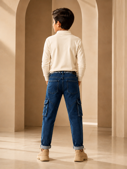 Boys dark blue six-pocket trouser back model view