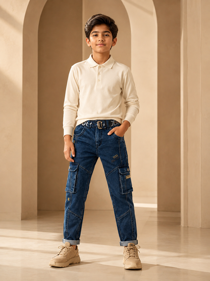 Boys dark blue six-pocket trouser front model view