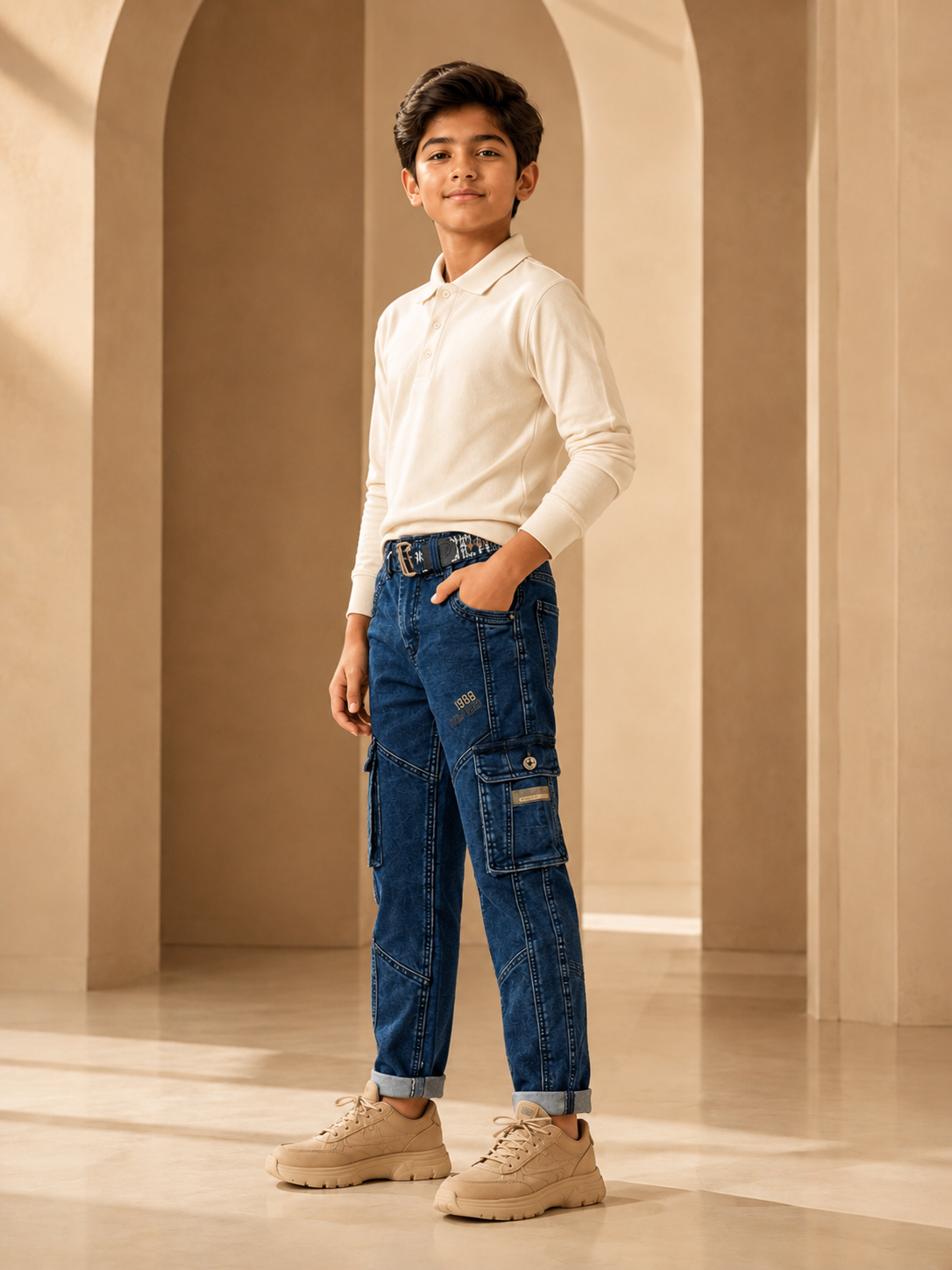 Boys dark blue six-pocket trouser side model view