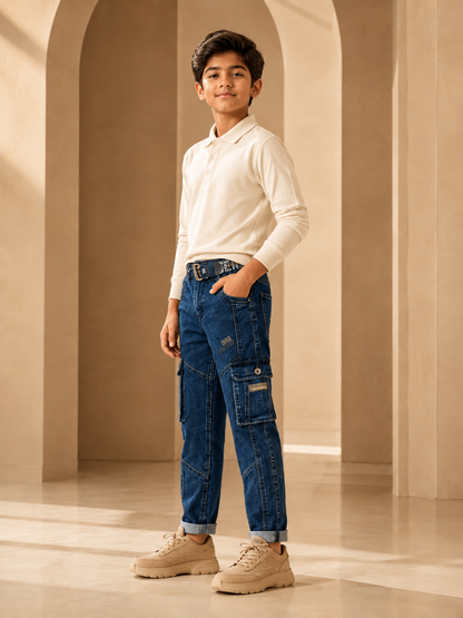Boys dark blue six-pocket trouser side model view