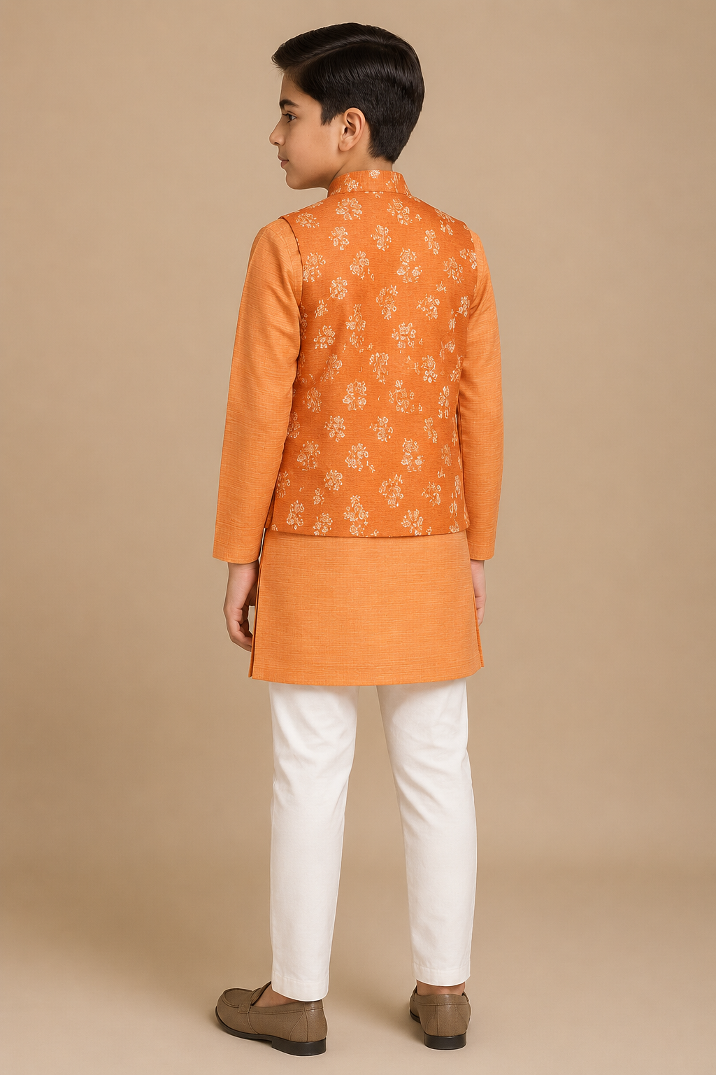 Boys sunset orange kurta and embroidered koti set rear view