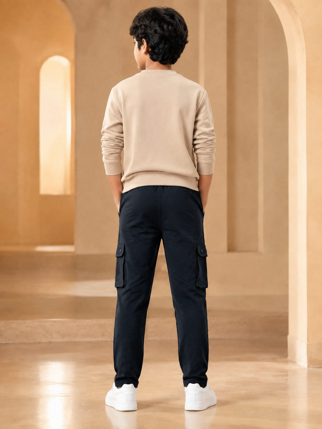 Boys navy cargo track pant back model view
