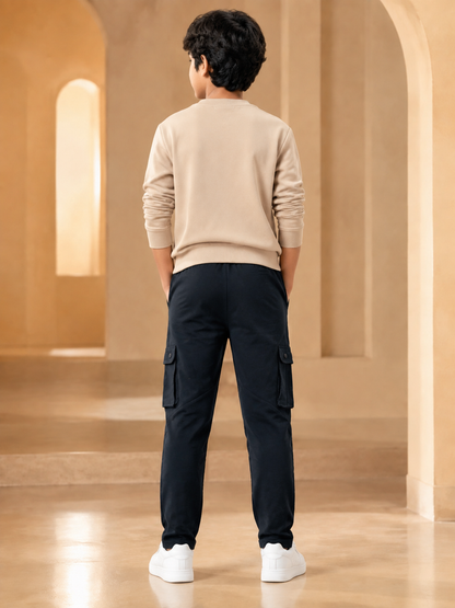 Boys navy cargo track pant back model view