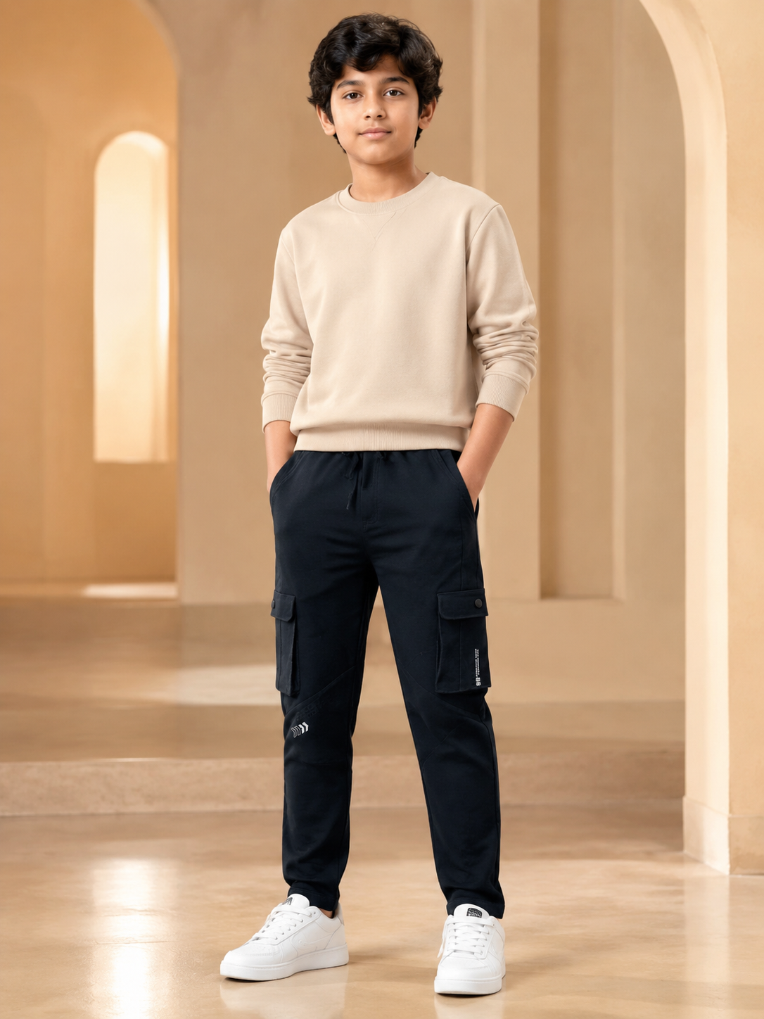 Boys navy cargo track pant front model view