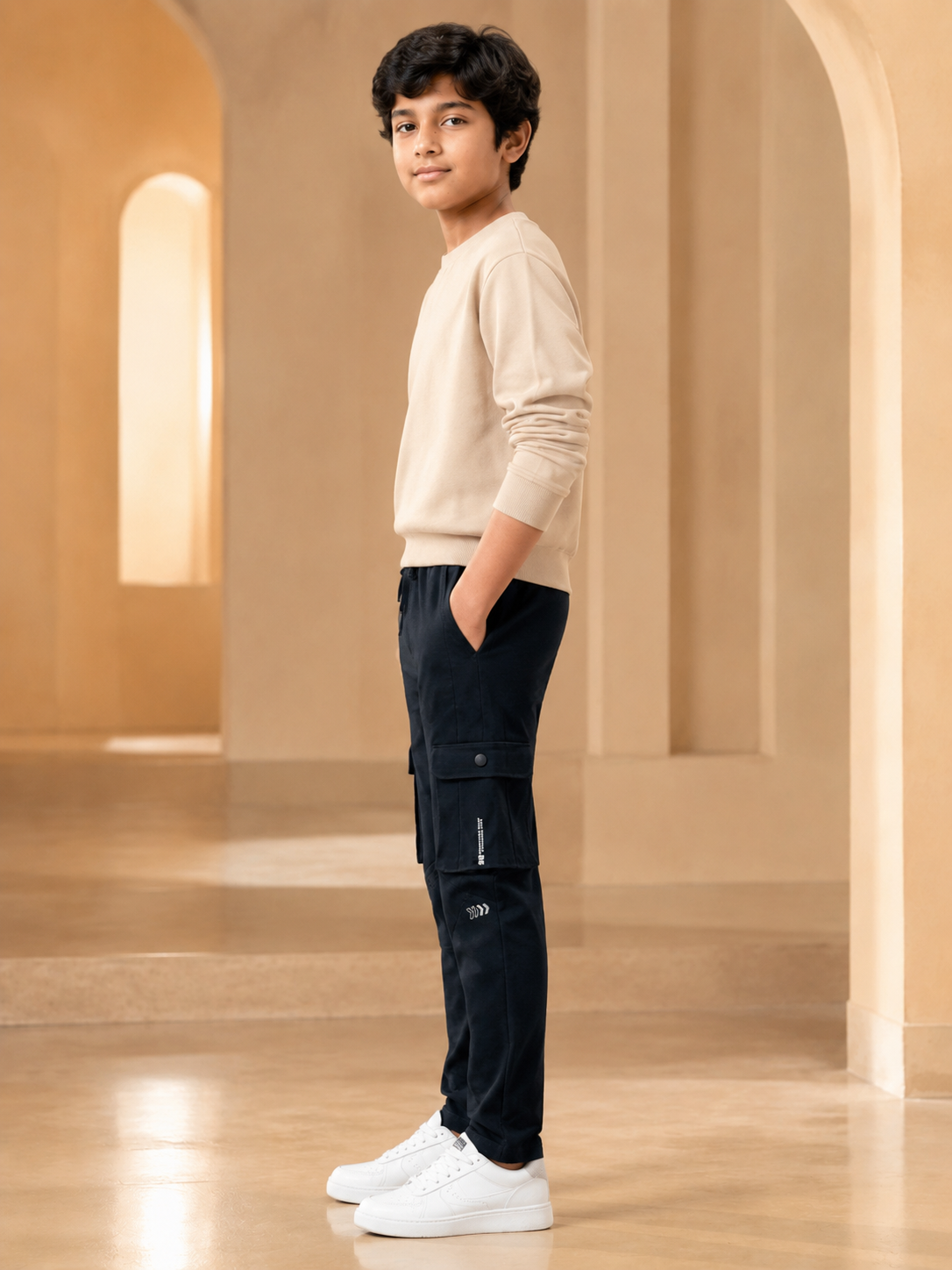 Boys navy cargo track pant side model view