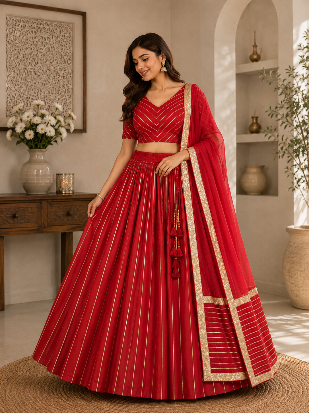 Crimson Red lehenga choli set with dupatta – front view