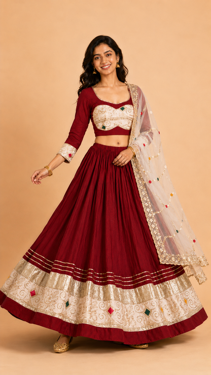 Crimson and ivory Chaniya Choli three-quarter flare view