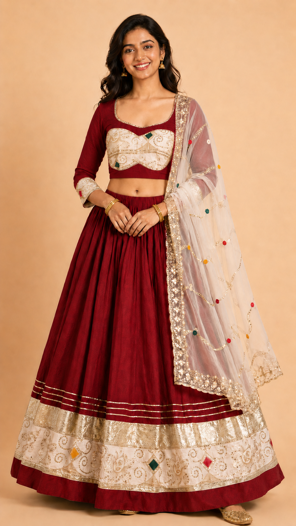 Crimson and ivory embroidered Chaniya Choli front view