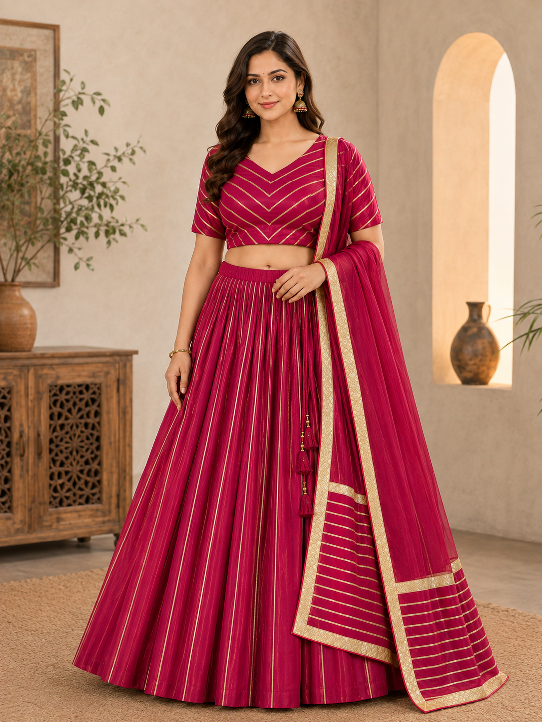 Dark Pink lehenga choli set with dupatta – front view