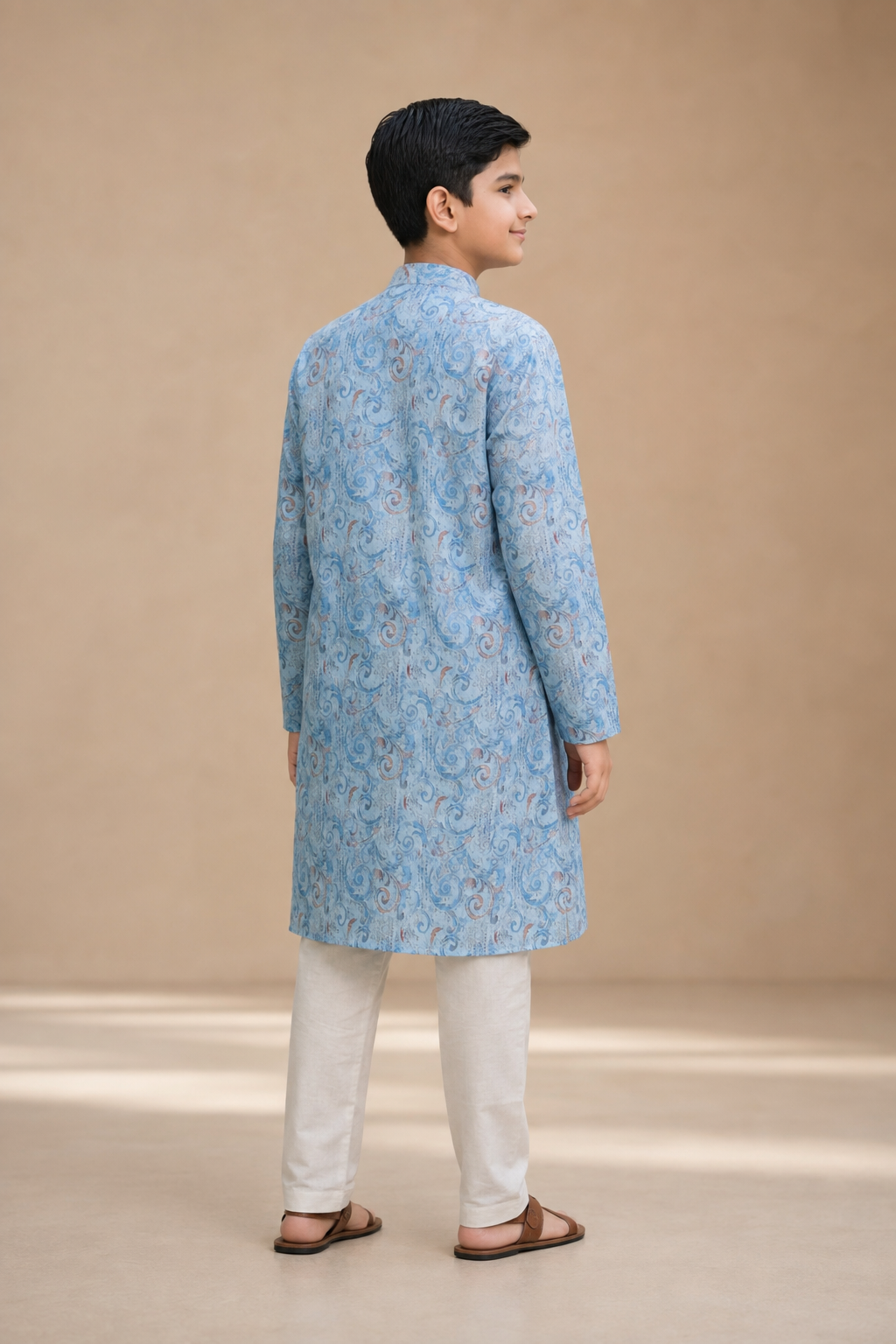 Boys firozi blue printed kurta set rear view
