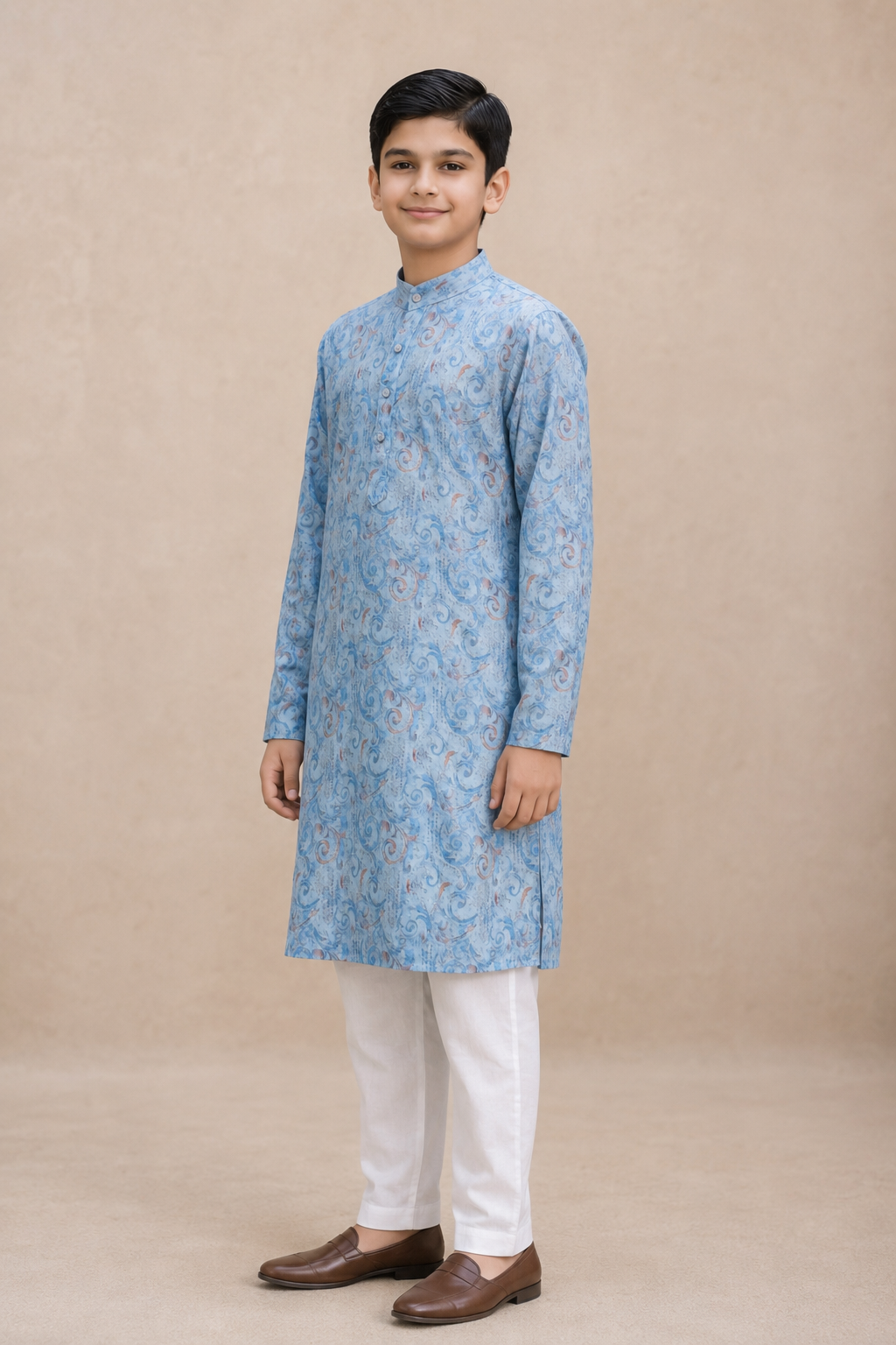 Boys firozi blue printed kurta set three-quarter view