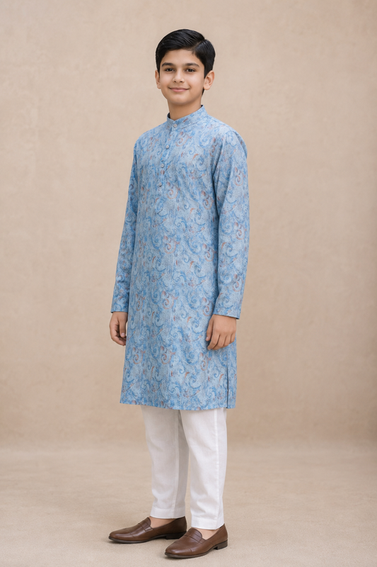 Boys firozi blue printed kurta set three-quarter view