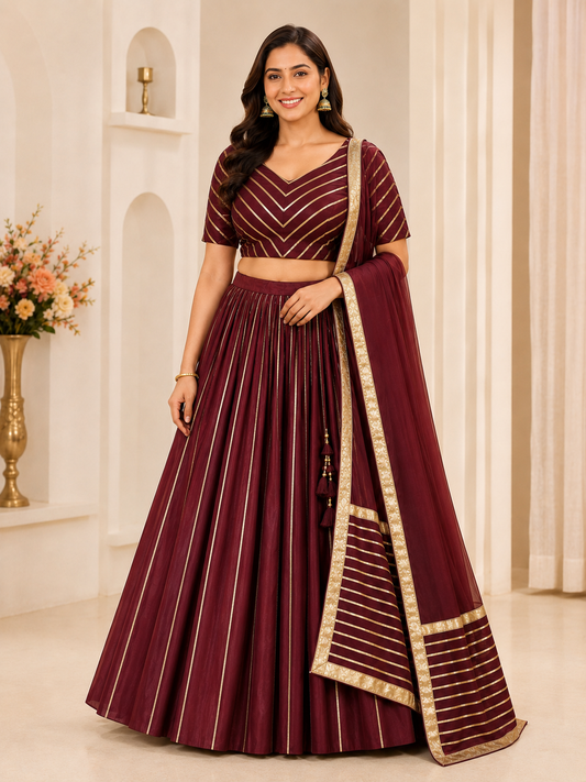 Maroon red lehenga choli set with dupatta – front view