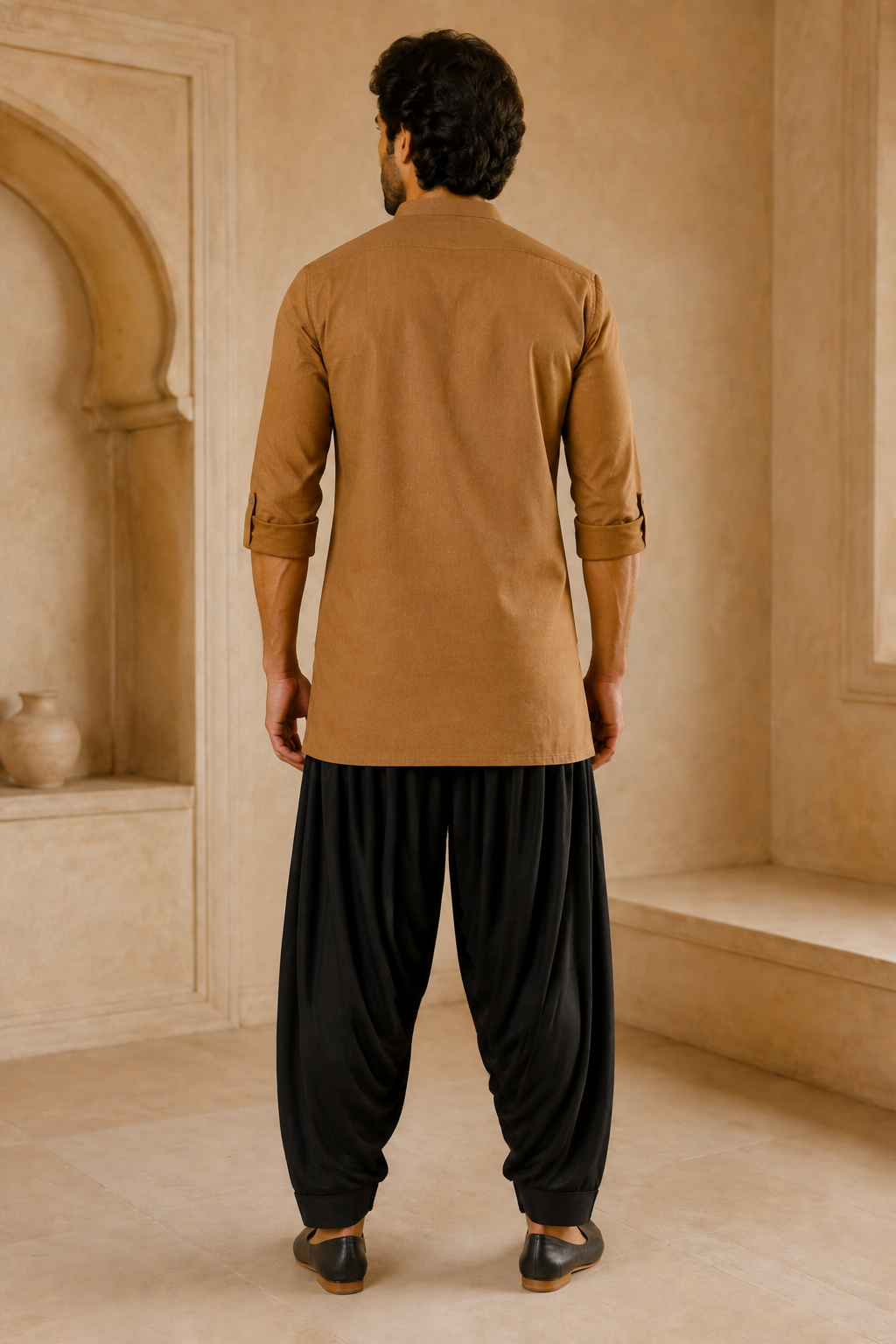 Men's black Patiala pants styled with camel kurta – back view